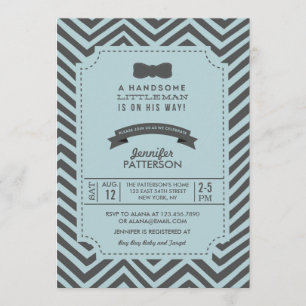 Teal and Grått Chevron Bow tie Baby Shower Inbjuda Inbjudningar