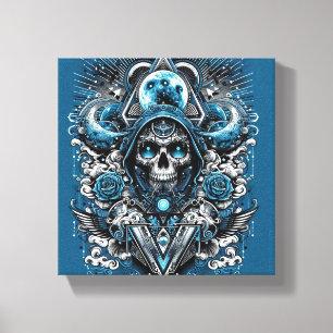 Teal and Grått Skull Canvas Art