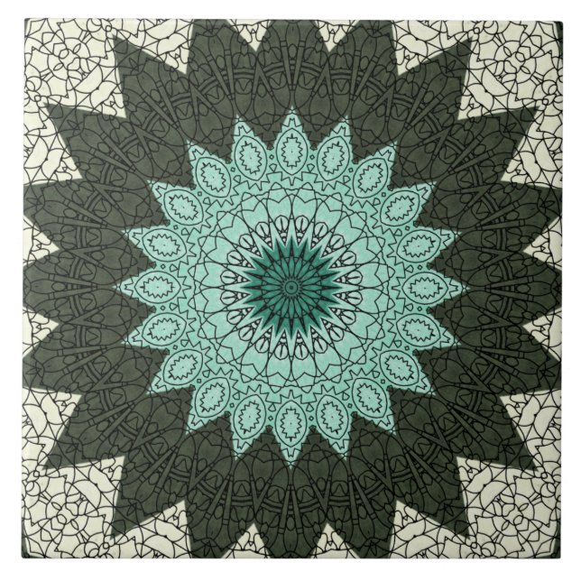 Teal and Grönt Geometric Mandala Mönster Kakelplatta (Framsidan)