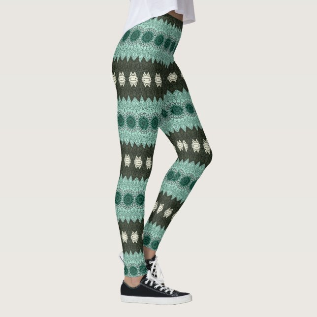 Teal and Grönt Geometric Mandala Mönster Leggings (Höger)