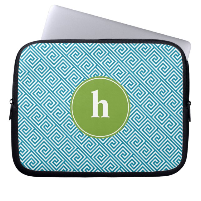 Teal and Grönt grekiska Monogram Nyckel Mönster Laptop Fodral (Framsidan)