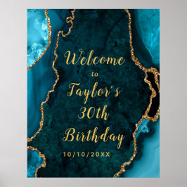 Teal and Guld Agate Birthday Välkommen Poster