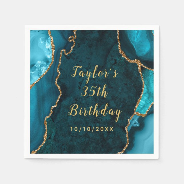 Teal and Guld Agate Marble Birthday Pappersservett (Framsidan)