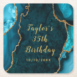 Teal and Guld Agate Marble Birthday Underlägg Papper Kvadrat