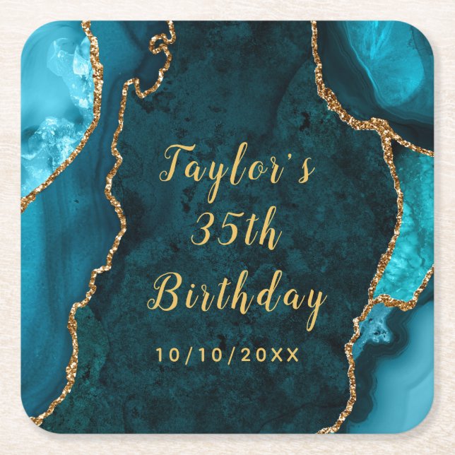 Teal and Guld Agate Marble Birthday Underlägg Papper Kvadrat (Framsidan)