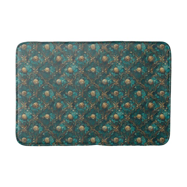 Teal and Guld Blommigt Bath Mat Badrumsmatta (Framsidan)