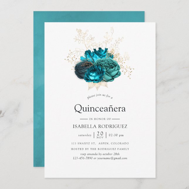 Teal and Guld Blommigt Quinceañera Inbjudningar (Fram/baksida)