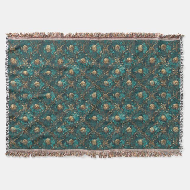 Teal and Guld Blommigt Throw Blanket Filt (Framsidan)