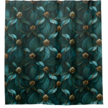Teal and Guld Blommönster Shower Curtain