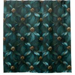 Teal and Guld Blommönster Shower Curtain