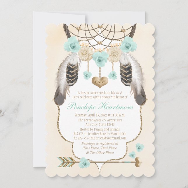 Teal and Guld Dreamcatcher Boho Pojke Shower Inbjudningar (Framsida)