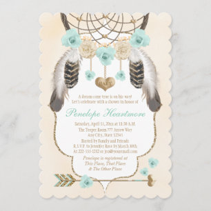 Teal and Guld Dreamcatcher Boho Pojke Shower Inbjudningar