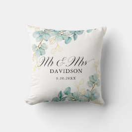 Teal and Guld Eucalyptus Newlyweds Elegant Script Kudde