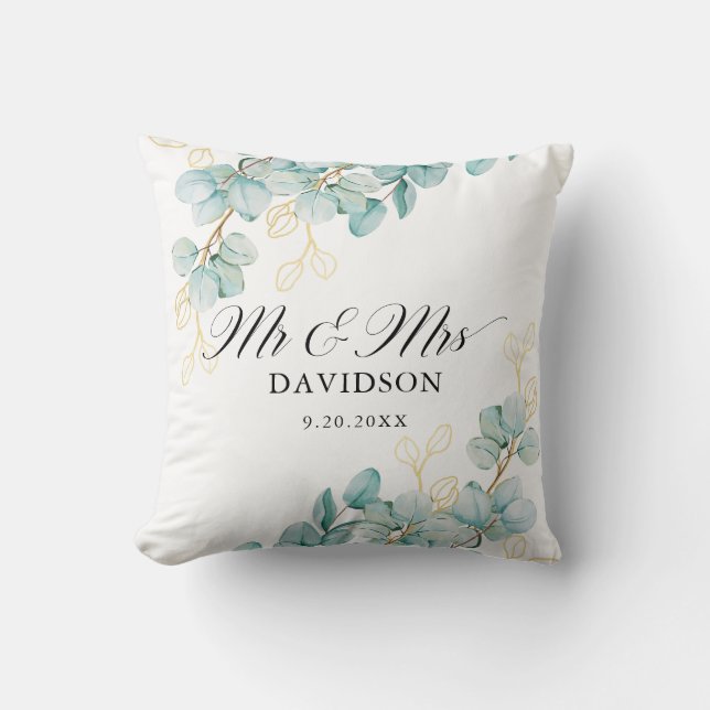 Teal and Guld Eucalyptus Newlyweds Elegant Script Kudde (Framsida)
