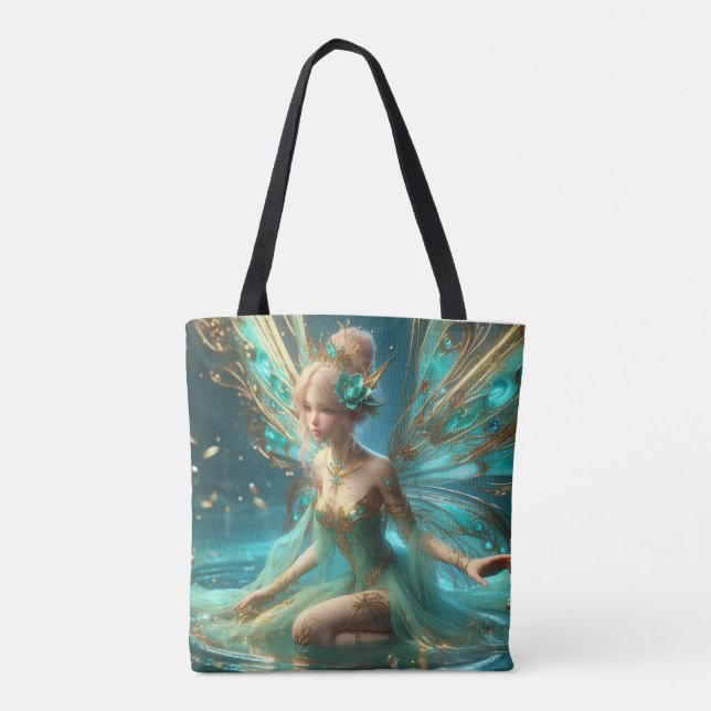 Teal and Guld Fairy All-over Print Tote Bag Tygkasse (Baksida)