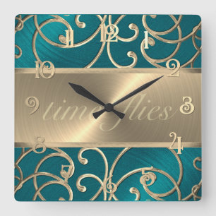 Teal and Guld flulies Clock Fyrkantig Klocka