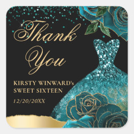 Teal and Guld Glitter Dress Glam Ro Sweet 16 Fyrkantigt Klistermärke