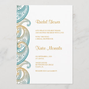 Teal and Guld Indian Paisley Möhippa Inbjudningar