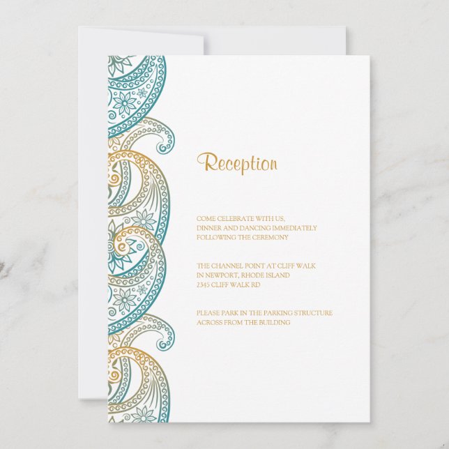Teal and Guld Indian Paisley Wedding Reception Inbjudningar (Framsida)