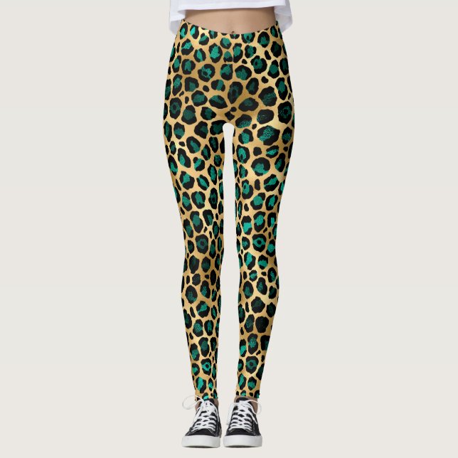 Teal and Guld Leopard Series Design 14 Leggings (Framsida)