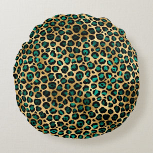 Teal and Guld Leopard Series Design 14 Rund Kudde