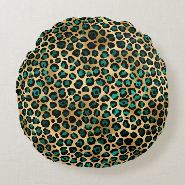 Teal and Guld Leopard Series Design 14 Rund Kudde (Framsidan)