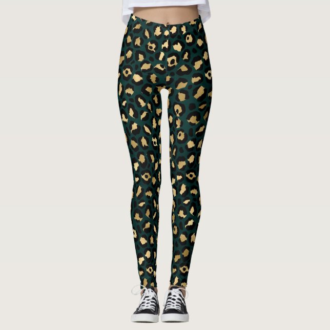 Teal and Guld Leopard Series Design 1 Leggings (Framsida)