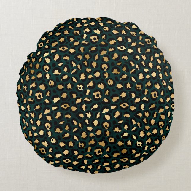 Teal and Guld Leopard Series Design 1 Rund Kudde (Framsidan)
