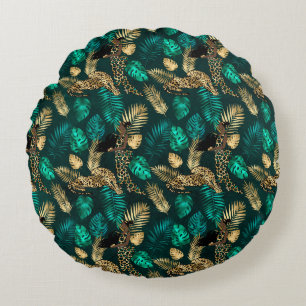Teal and Guld Leopard Series Design 7 Rund Kudde