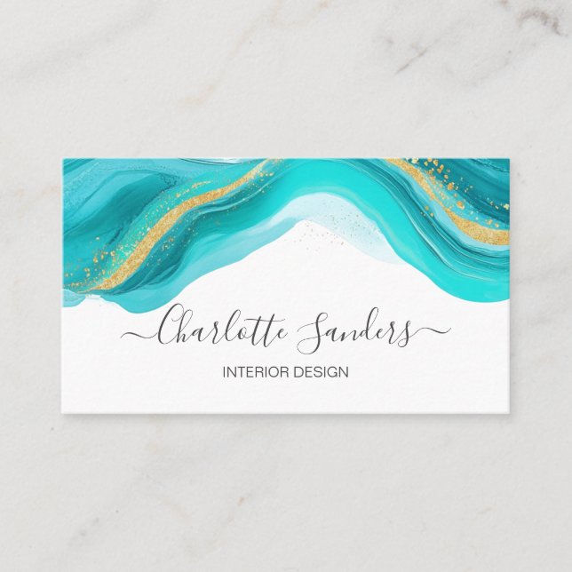 Teal and Guld Modern Vätskefärg Art Bläck Visitkort (Framsida)