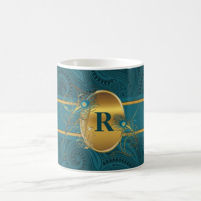Teal and Guld Peacock Monogram Kaffemugg (Center)
