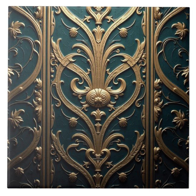 Teal and Guld Tapestry Kakelplatta (Framsidan)