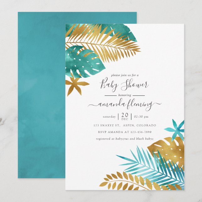 Teal and Guld Tropical Baby Shower Inbjudningar (Fram/baksida)