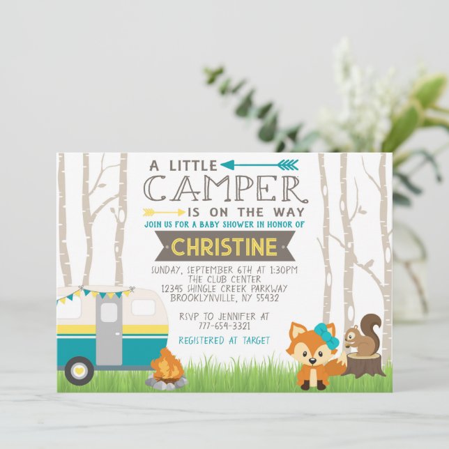 Teal and Gult RV Camper Woodland Baby Shower Inbjudningar (Stående Fram)