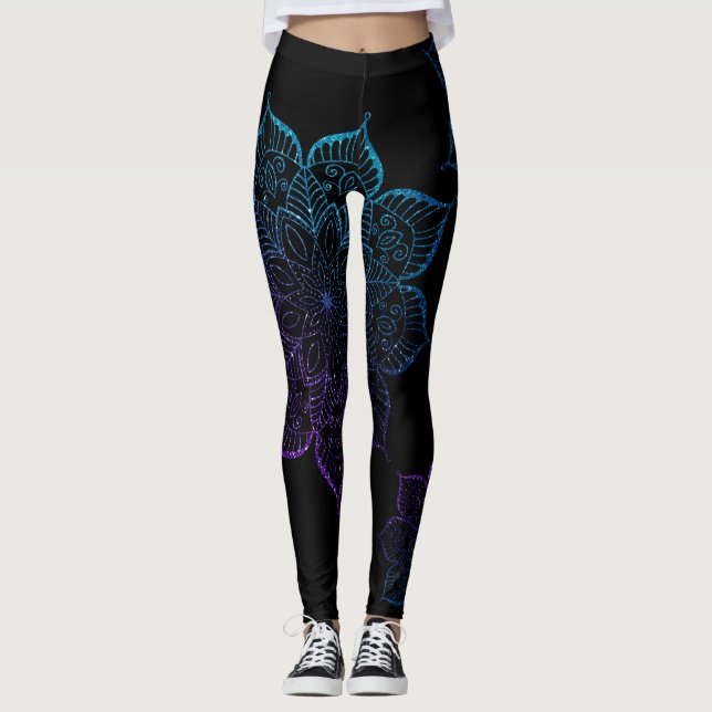 Teal and Lila Ombre Faux Glitter Mandalas, Black Leggings (Framsida)