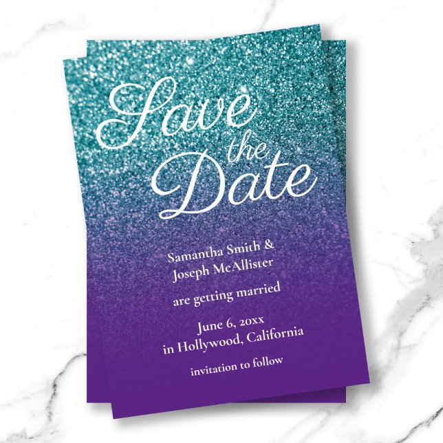 Teal and Lila Ombre Glitter Spara datum Inbjudningar (Teal and Purple Ombre Glitter Save the Date Invitation)