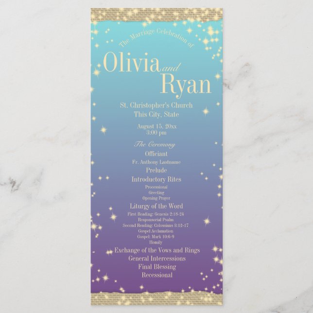 Teal and Lila Rustic Ombre" Bröllop Program (Framsida)