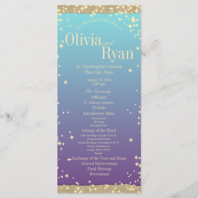 Teal and Lila Rustic Ombre" Bröllop Program (Framsida)