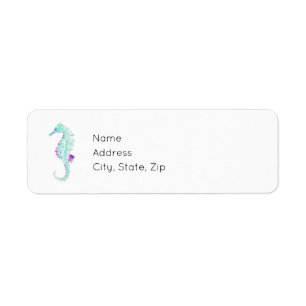 Teal and Lila Seahorse Returadress Etikett