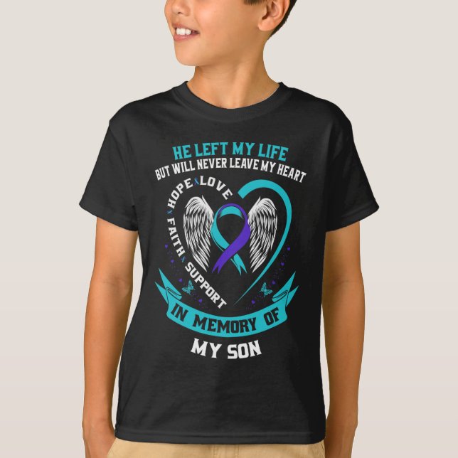 Teal and Lila Suicide Awareness Ribbon in Memory T Shirt (Framsida)