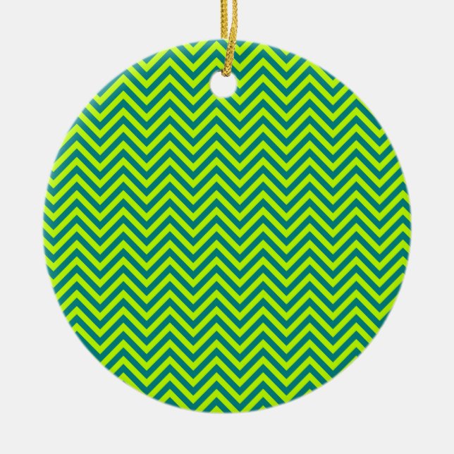 Teal and Lime Green Chevron Mönster Julgransprydnad Keramik (Framsidan)