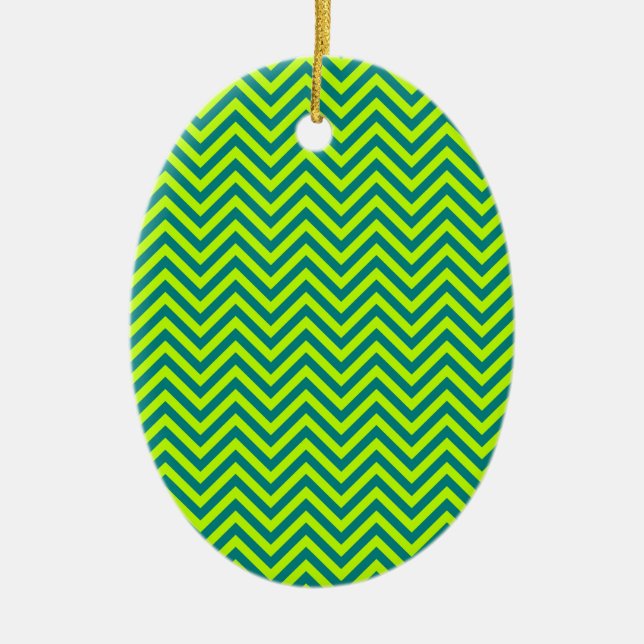 Teal and Lime Green Chevron Mönster Julgransprydnad Keramik (Framsidan)