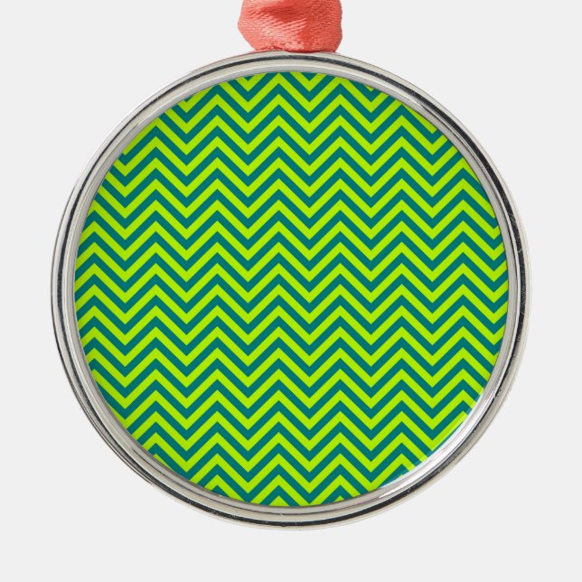 Teal and Lime Green Chevron Mönster Julgransprydnad Metall (Framsidan)