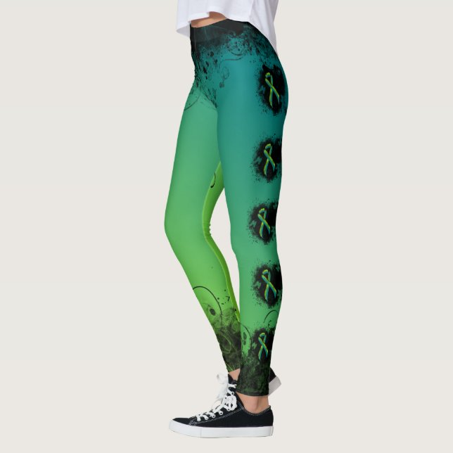Teal and Lime Green Grunge Heart Leggings (Vänster)