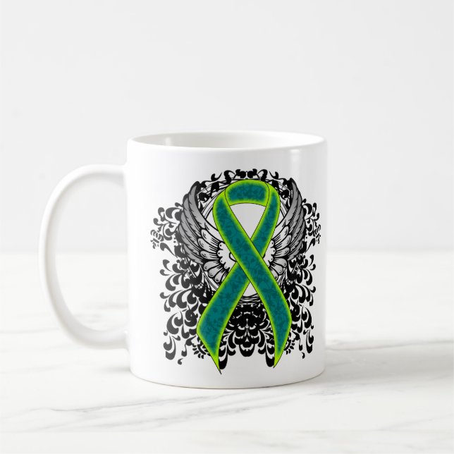 Teal and Lime Green Ribbon med Vingar Kaffemugg (Vänster)