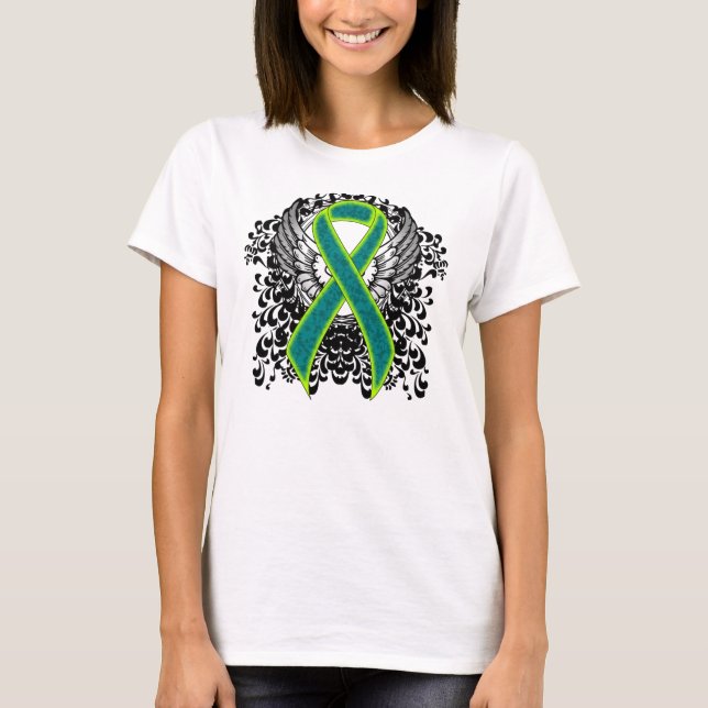 Teal and Lime Green Ribbon med Vingar T Shirt (Framsida)
