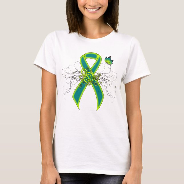 Teal and Lime Green Ribbon with Butterfly T Shirt (Framsida)
