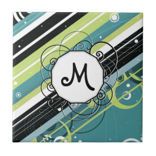 Teal and Lime Modern Retro Rand med Monogram Kakelplatta