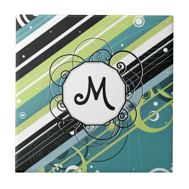 Teal and Lime Modern Retro Rand med Monogram Kakelplatta (Framsidan)