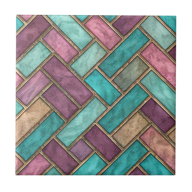 Teal and Mauve Herringbone Tile Pattern - Brick Kakelplatta (Framsidan)